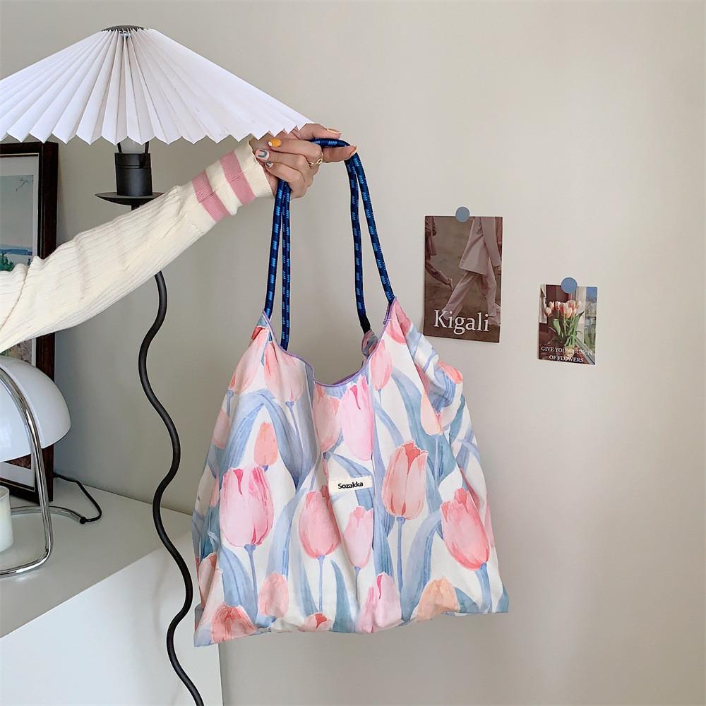 Chic Korean Style Floral Tote Bag Roomy Soft Cotton Summer Shoulder Bag For Everyday Use