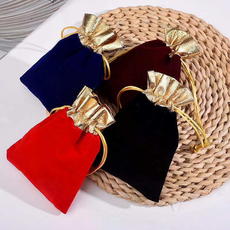 10pcs/lot Vintage Velvet Bag Gold Color Trim Drawstring Red Gift Bags Wedding Jewelry Packaging Pouches