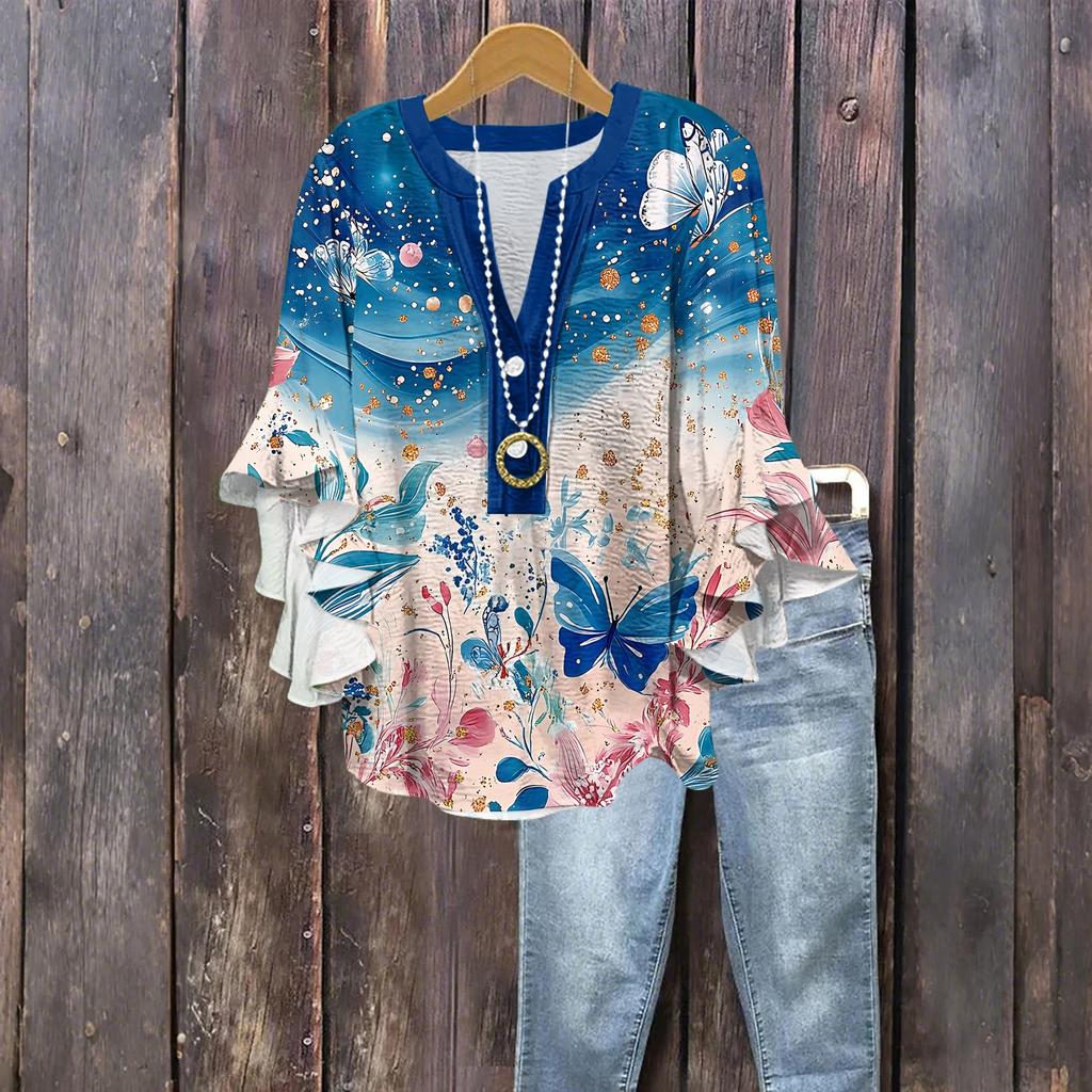 Tops For Women Cute Button V Neck 3/4 Sleeve Blouses Print Top Casual Shirts