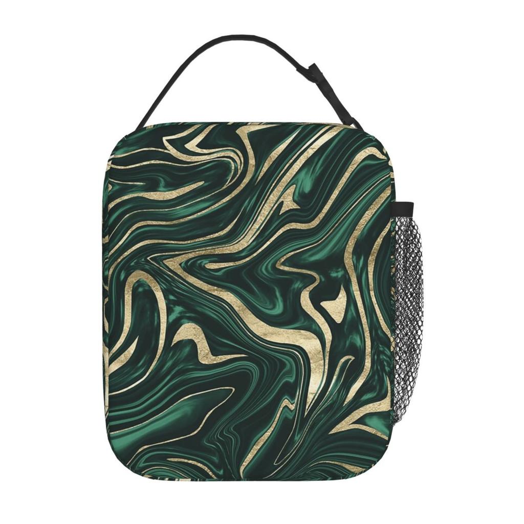 Dark Green Marble Pattern Insulated Lunch Bag for Women Office Cooler Thermal Food Box Tote Portable Lunch Boxes Container