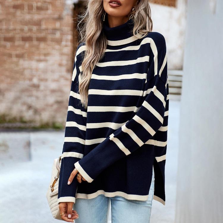 Fashion Women Casual Loose High Neck Striped Knitted Sweater Top Autumn Winter New