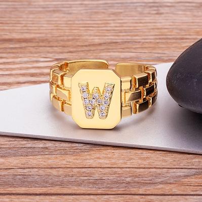 New Arrival Fashion Gold Color Initial Ring Open Design Adjustable Hot Sale Watchband Chain A-Z Letters Zircon Rings For Women