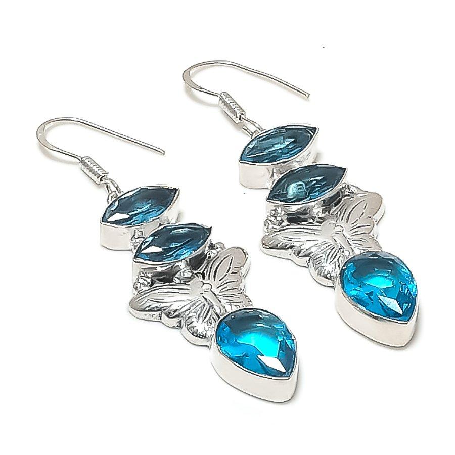 Natural Swiss Blue Topaz Gemstone 925 Sterling Silver Earring 2.36" U0k91