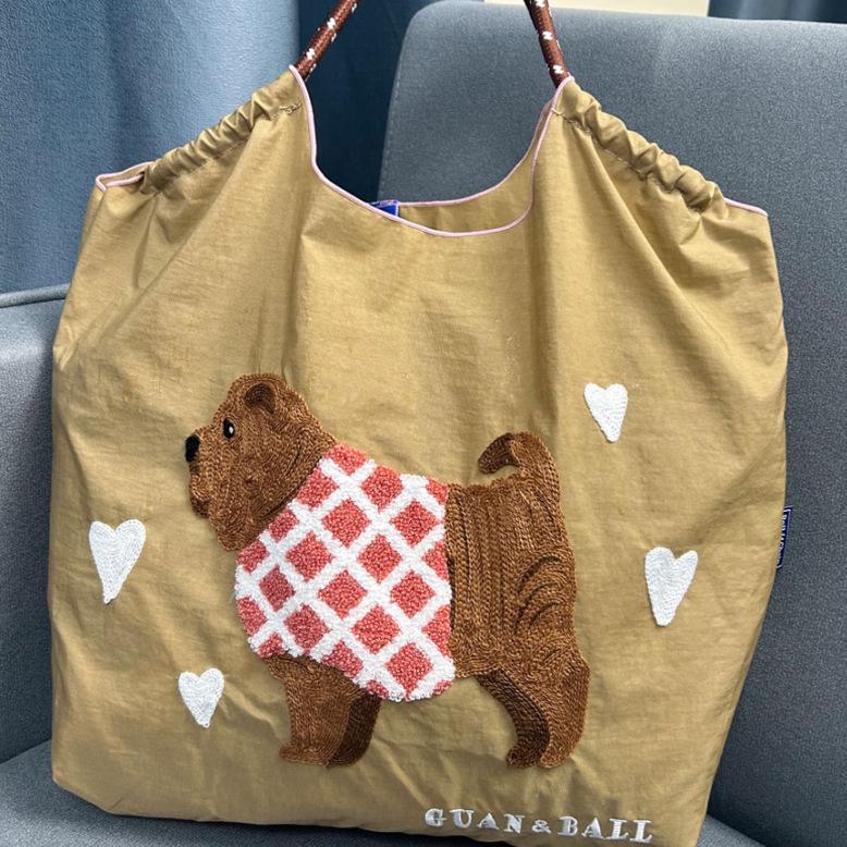 2024 Japanese-Style Cute Dog Embroidered Nylon Eco-Friendly Shoulder Shopping Bag