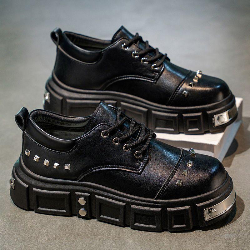 2025 Autumn Men's Black Derby Shoes - Korean Style Trendy Casual Leather with Height Increasing Thick Sole