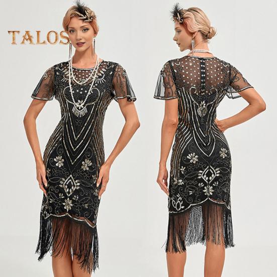 Ballkleid für Damen im Vintage-Stil, mit hohler Spitze, Quaste und Pailletten-Dekor, durchsichtig, runder Halsausschnitt, kurze Ärmel, schmale Passform, Reißverschluss auf der Rückseite, Cocktailparty