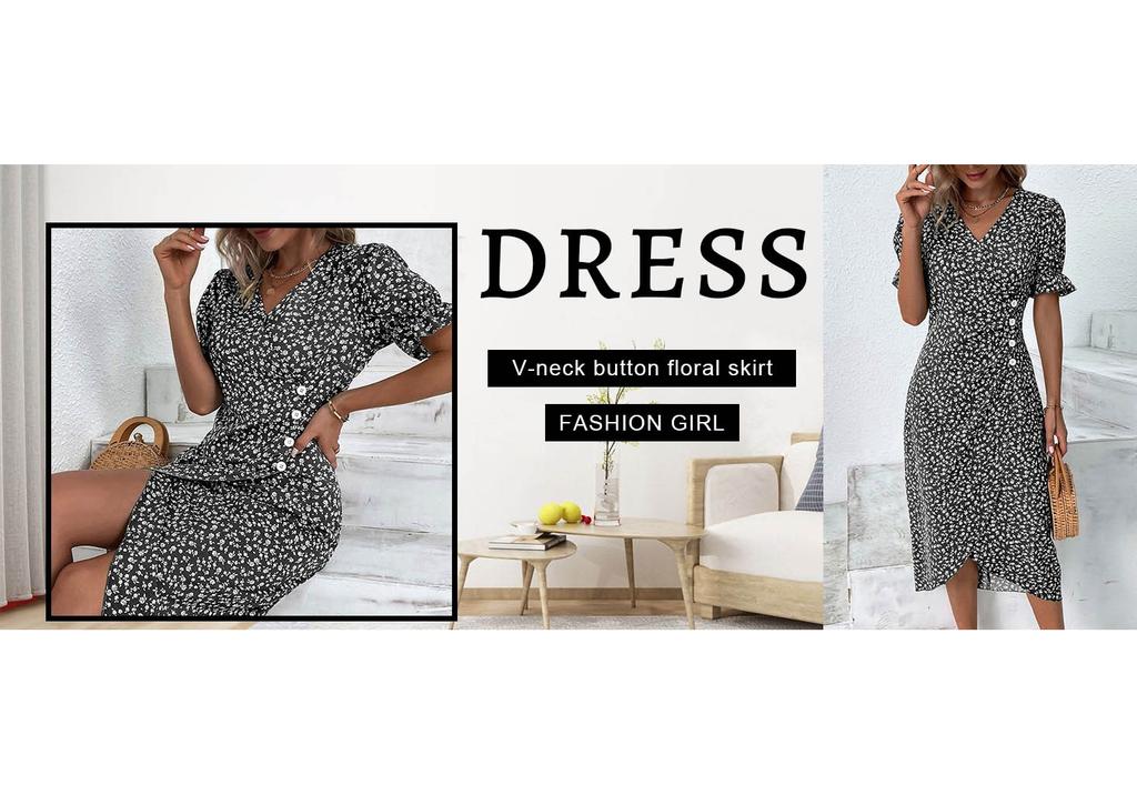 Women's Summer Casual Dress V Neck A-line Boho Ditsy Floral Sleeve Wrap Hem Dress