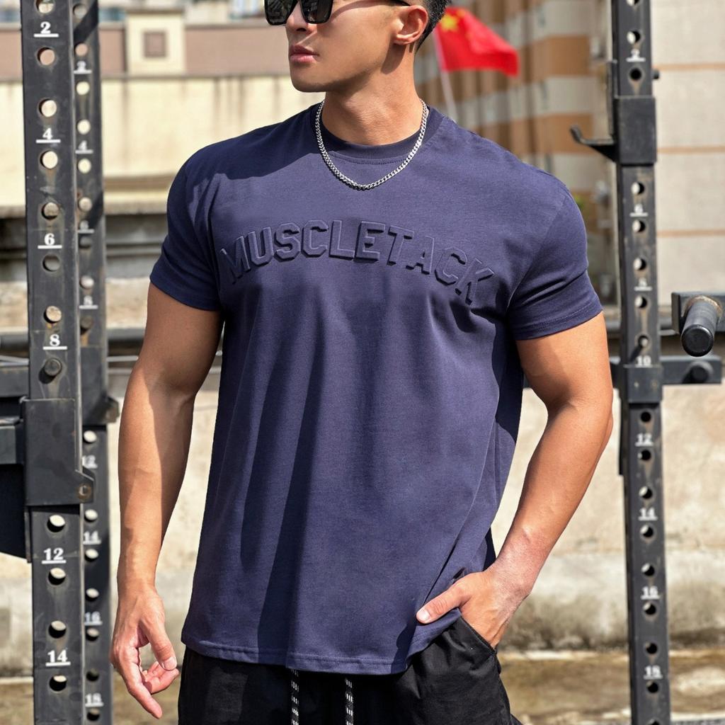 Top Sport Fitness Bărbați de Vară cu Mânecă Scurtă Larg Bumbac Elastic Gât Rotund Tricou pentru Baschet Alergare Antrenament