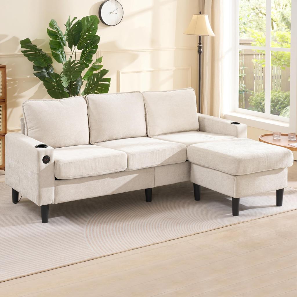 Corner Sofa 3-Seater Sofa Upholstered Sofa USB & Type-C, 2 L-shaped Sleeper Sofa, Upholstered Furniture Living Room, Apartment, Lounge Bedroom, Beige