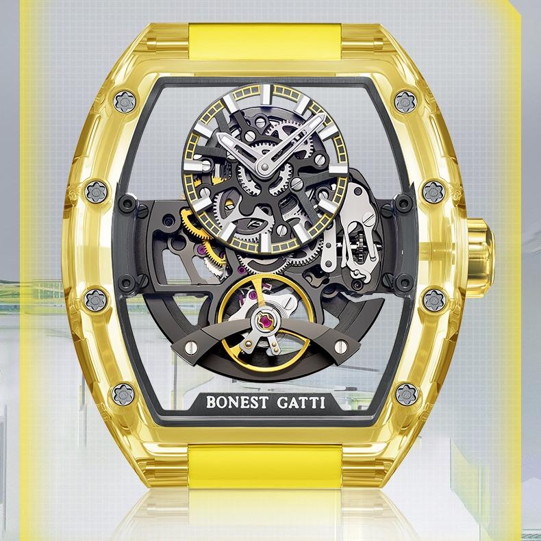 Bonest Gatti Uhren Herren-Armbanduhr, doppelt ausgehöhlt, automatische mechanische Uhr, Acryl-Tourbillon-Uhr