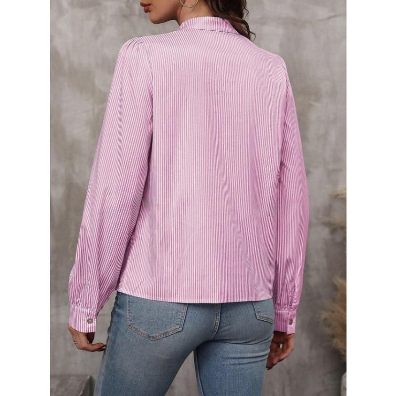 Spring and Autumn New Fashion Women's Stand Collar Tie Button Striped Long Sleeve Shirt