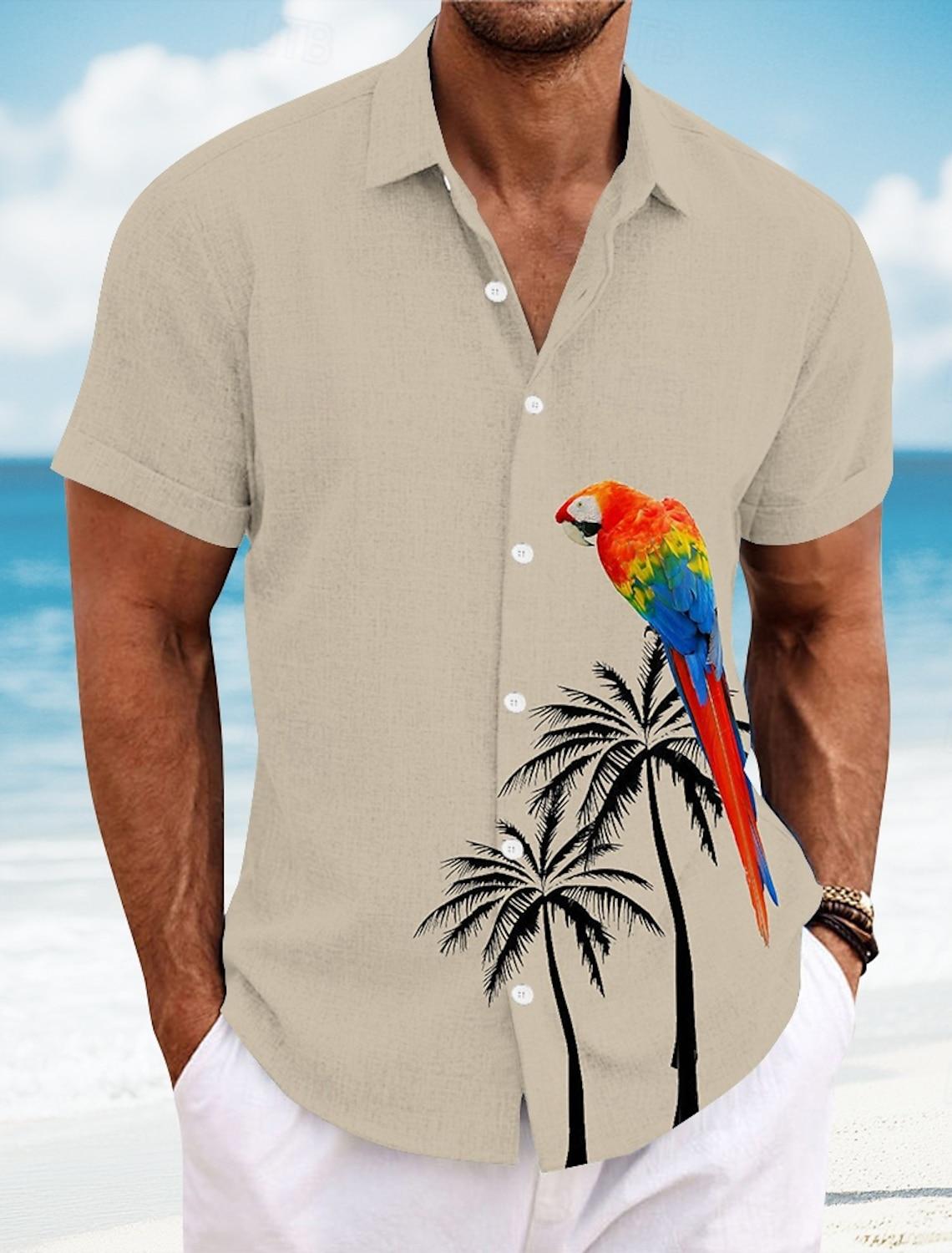 Men s Bird Coconut Tree Parrot Casual Shirt Summer Hawaiian Shirt Button Up Shirt Short Sleeve Hawaiian 3D Print Collared Shirts S