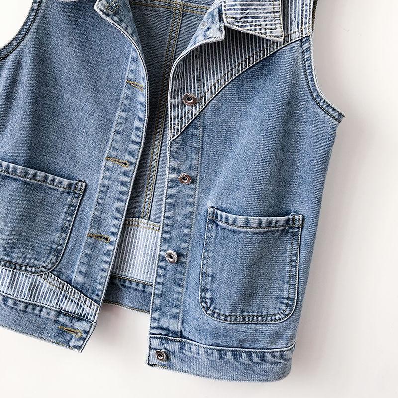 Women's Striped Patchwork Denim Vest 2023 - Slim-Fit Sleeveless Gilet for Spring/Autumn Layering