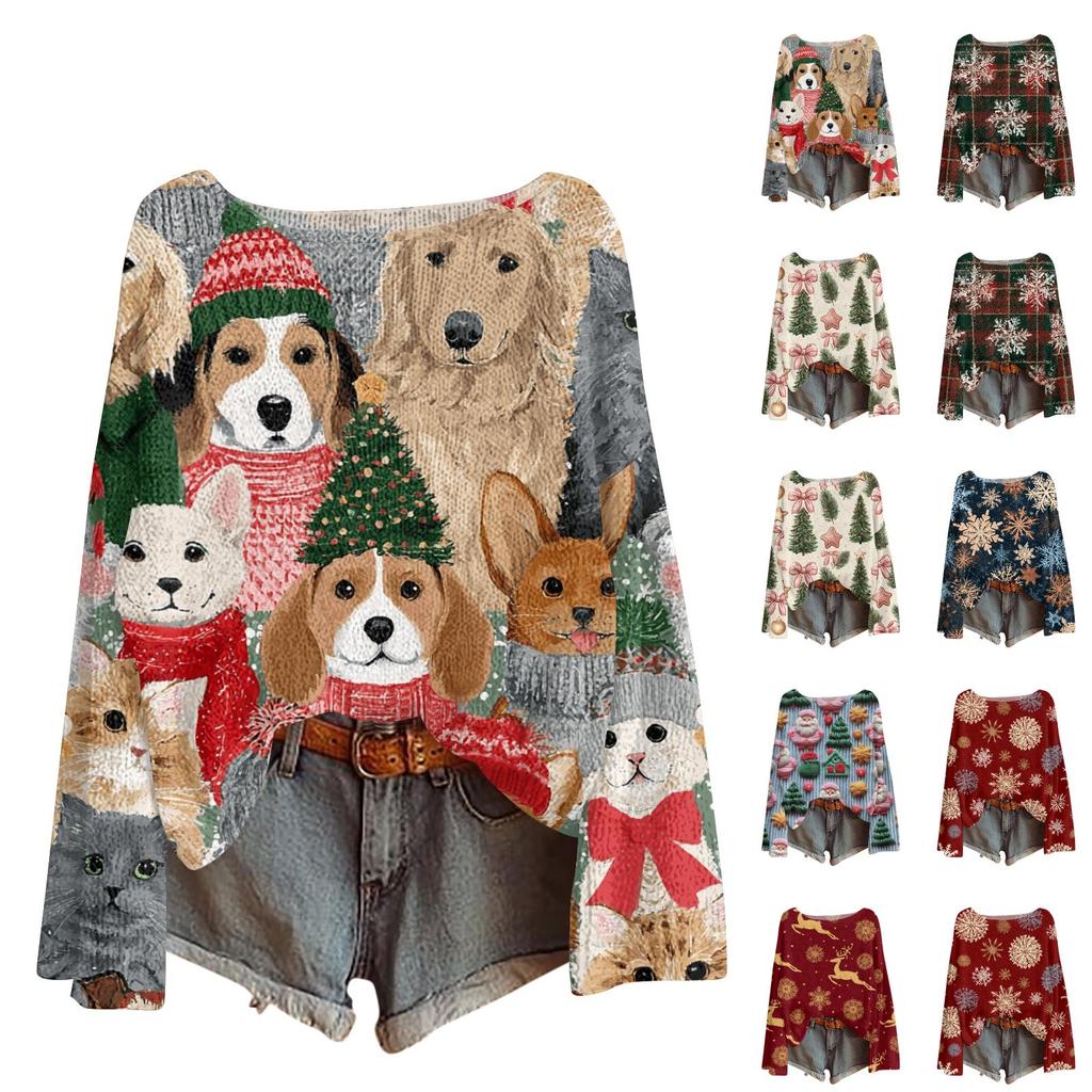 Women's Christmas Print Lightweight Sweater, Casual Long Sleeve Knit Pullover for Holiday