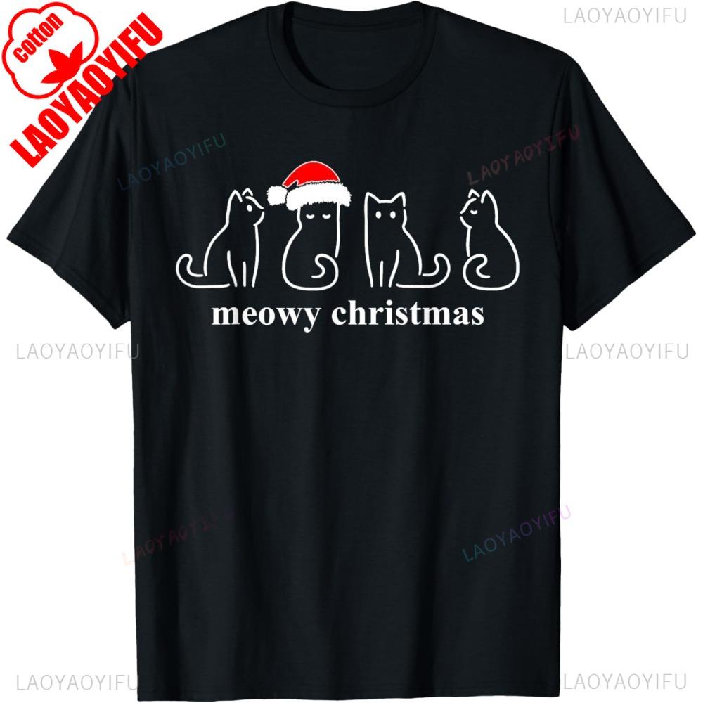 Meowy Catmas Cat Christmas Cute Kitten Cats Santa Hat Xmas T-Shirt High Quality Cotton Tops New Casual Simple Short-sleeve