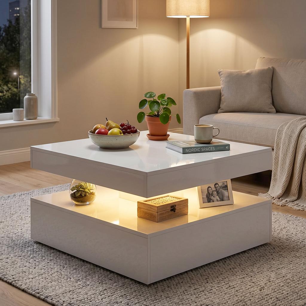 LED-Couchtisch mit Stauraum, 2-stufiger moderner Mitteltisch mit offenem Fach und Fernbedienung für das Wohnzimmer, Hochglanz Weiß