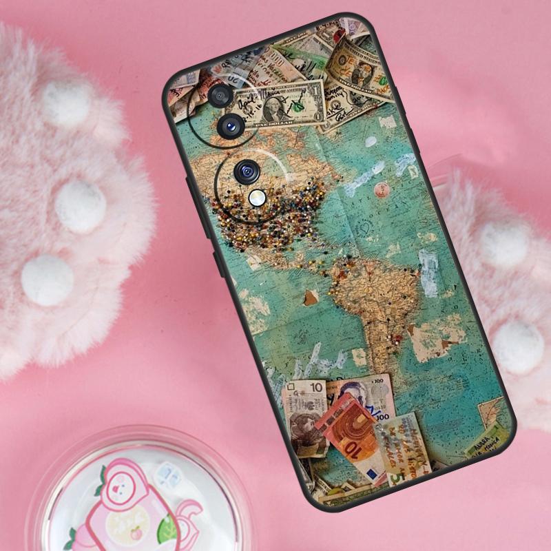 World Map Travel For Huawei Honor X8 X9a 50 70 Magic5 Pro P50 P20 P30 P40 Lite Nova 9 5T P Smart 2021 Case