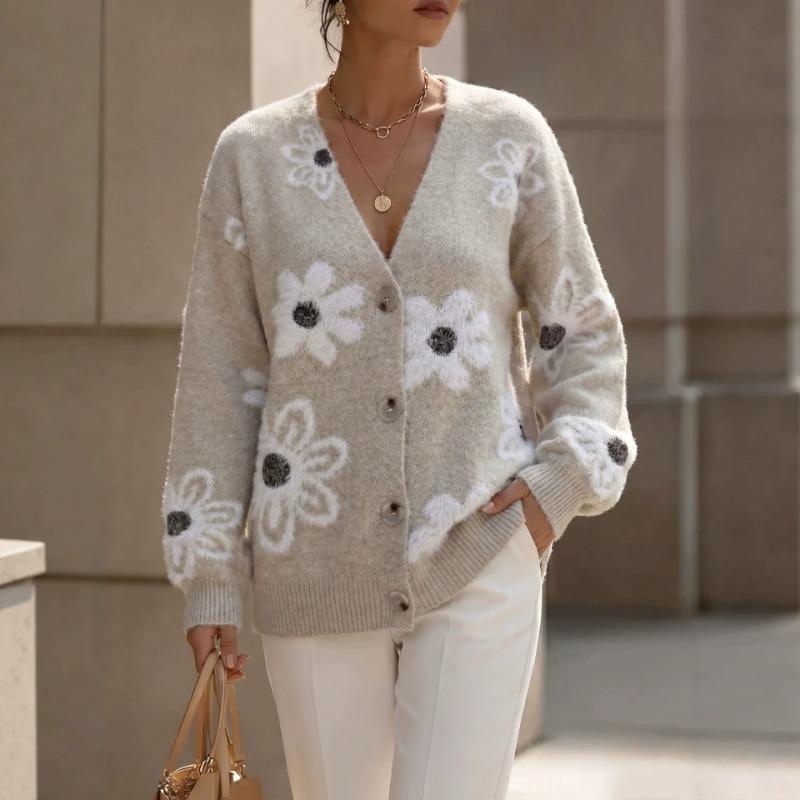 V Neck Long Sleeve Flower Pattern Knit Cardigan Sweater