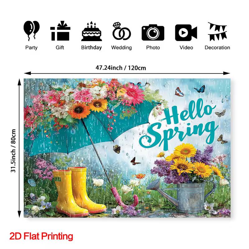 

Seasonal Spring Backdrop, Hello Spring with Butterflies and Raindrops, Photo Booth Decoration 47.2x31.5inch/120*80cm