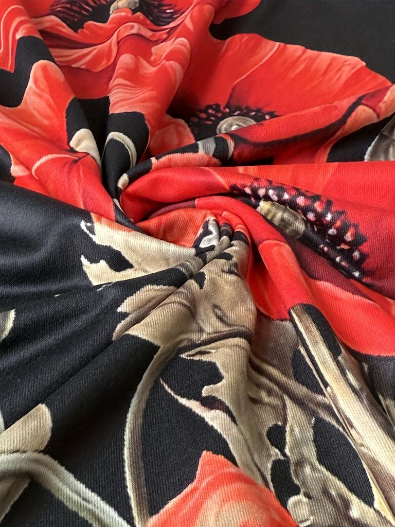 Plus Size - Women'S Plus Size Floral Print T-Shirt - Vibrant Red Poppies & Green Leaves