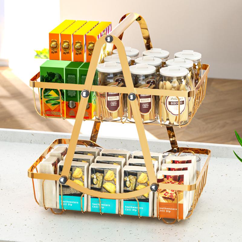 Removable Double Layer Fruit Basket With Wooden Handle Stylish Iron Storage Basket For Kitchen And Living Room Organization