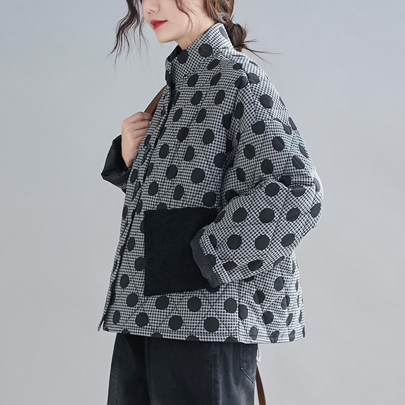 2024 Plus Size Women's Retro Argyle Short Quilted Cotton Jacket with Polka Dots