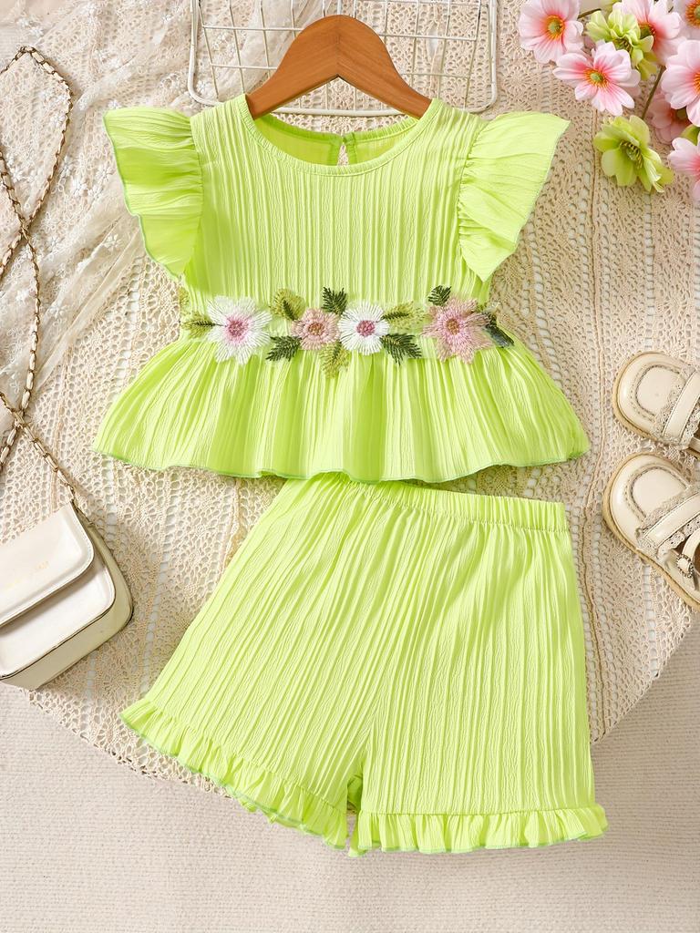 European-American Style Summer Girl's Floral Embroidery Sleeveless Top & Shorts Set