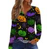 Women's Halloween Print V-Neck T-Shirt with Decorative Buttons Long Sleeve Casual Top