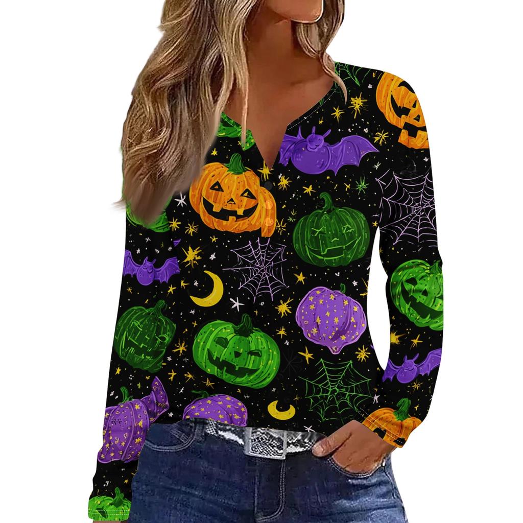 Women's Halloween Print V-Neck T-Shirt with Decorative Buttons Long Sleeve Casual Top