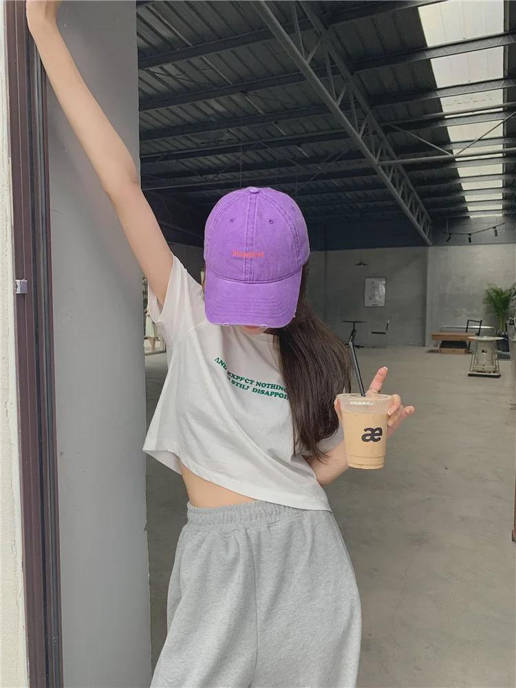 Koreanisches Locker sitzendes Kurzarm-Crop-Top mit Buchstabenaufdruck für Damen