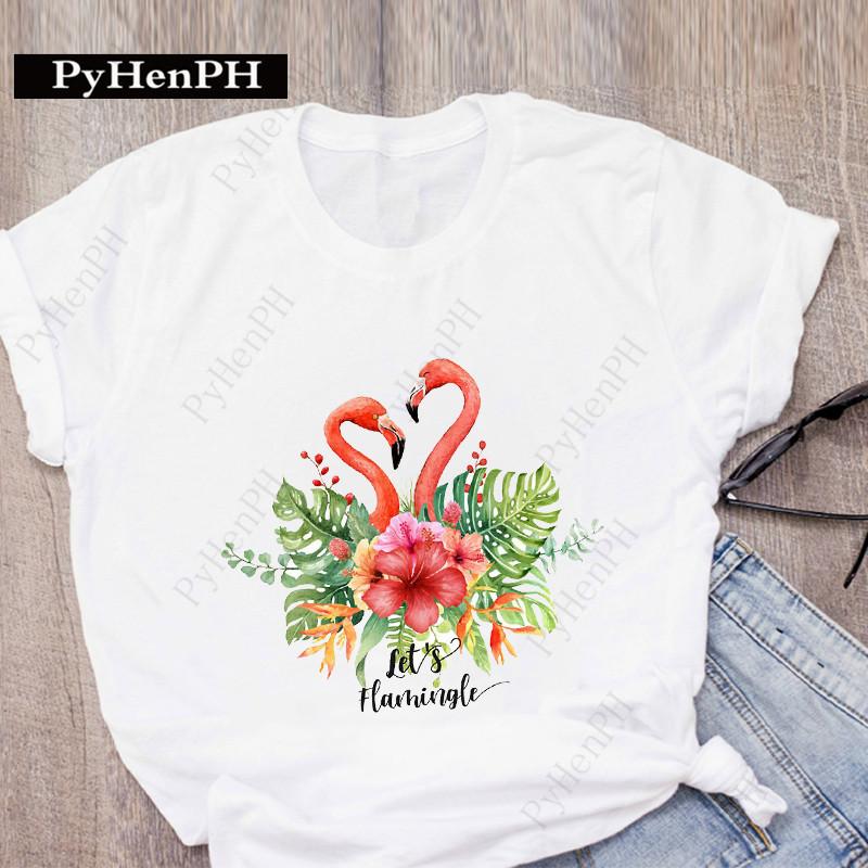 Ins New Fashion Flamingo T-shirt Short-sleeved Female Student Innerwear T-shirt On The Street Women Clothing