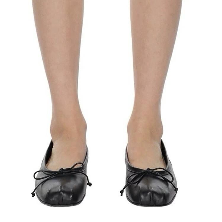 Cowhide version~ Versatile square head pleated bow single shoes women's 2025 new one-pedal flat ballet shoes