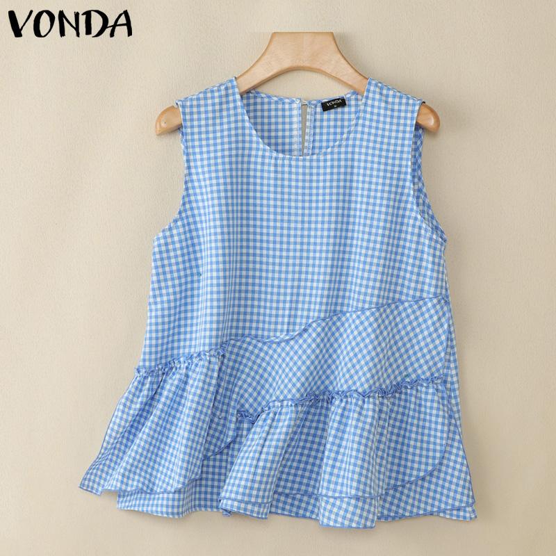 VONDA Sommer Damen Ärmellos Unregelmäßiger Rüschensaum Karomuster Lässige Tanktops