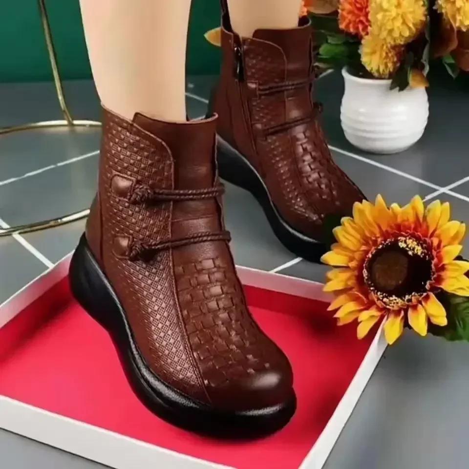 Kış Platform Botlar Kadın Bilekte Bot Retro Anne Ayakkabıları Etnik Sıcak Peluş Rahat Yumuşak Taban Su Geçirmez Kadın Ayakkabısı Botas Mujer