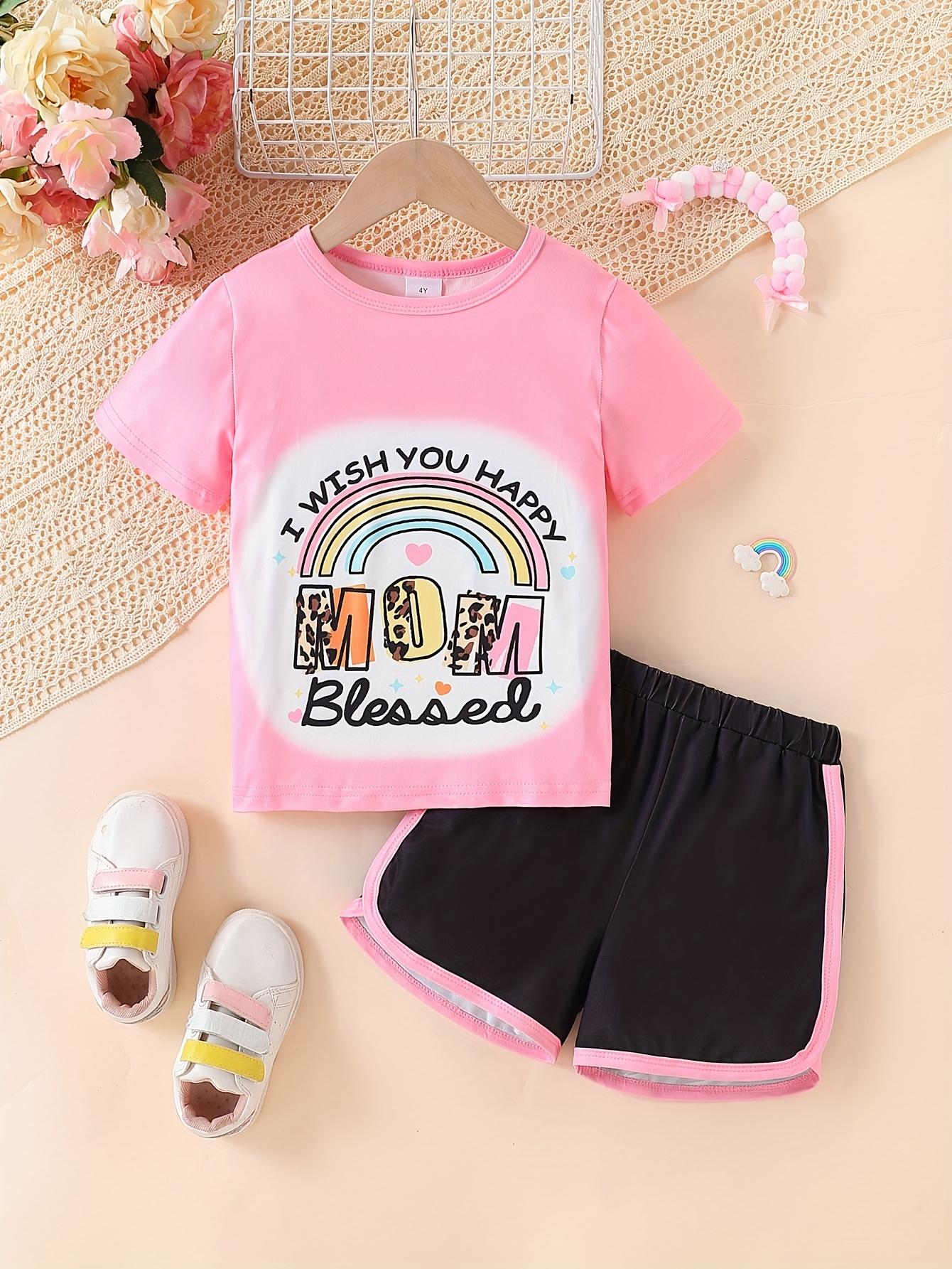 

Two-piece Little Girl Set - 4-7 Years Old - Rainbow Embroidered Flower Letter Short-Sleeved Top - Black Short-Sleeved Casual Two-Piece Set 4Y