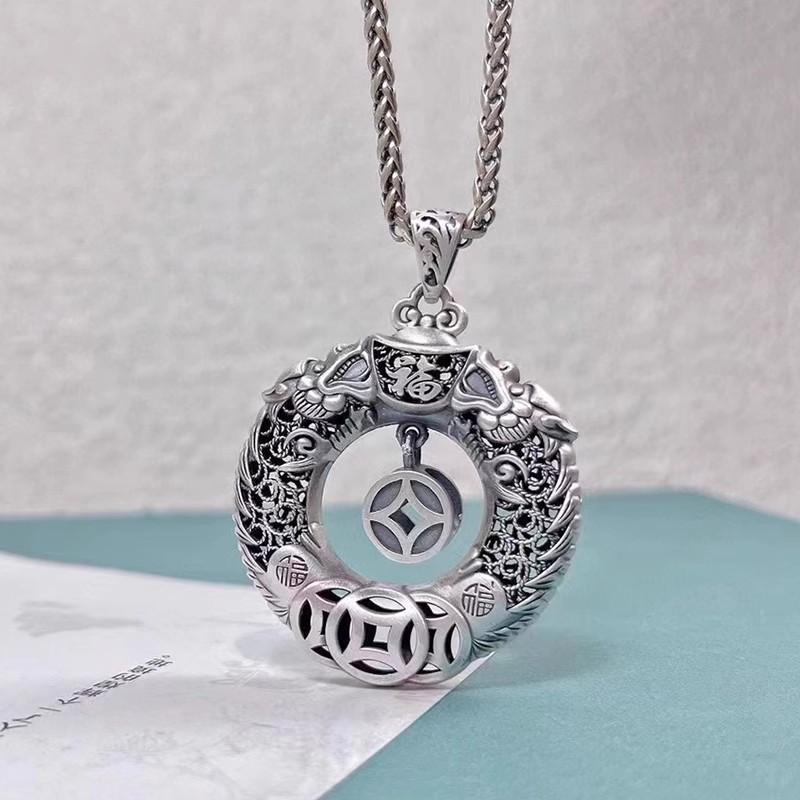 

Necklace Double Dragon Playing with Pearls to Protect the Lord and Safe Button Retro Men s and Women s Pendant 50CM(Necklace Size) серебряный