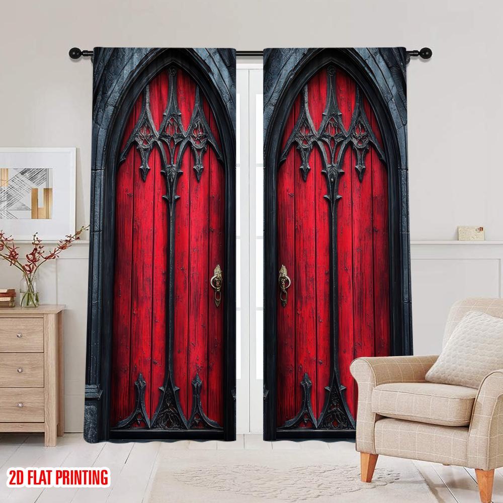 2D flat printing 2pcs Drapes Gothic Doors Red (8) Versatile 100% Polyester  Without Electricity Festive Backdrops Applies to