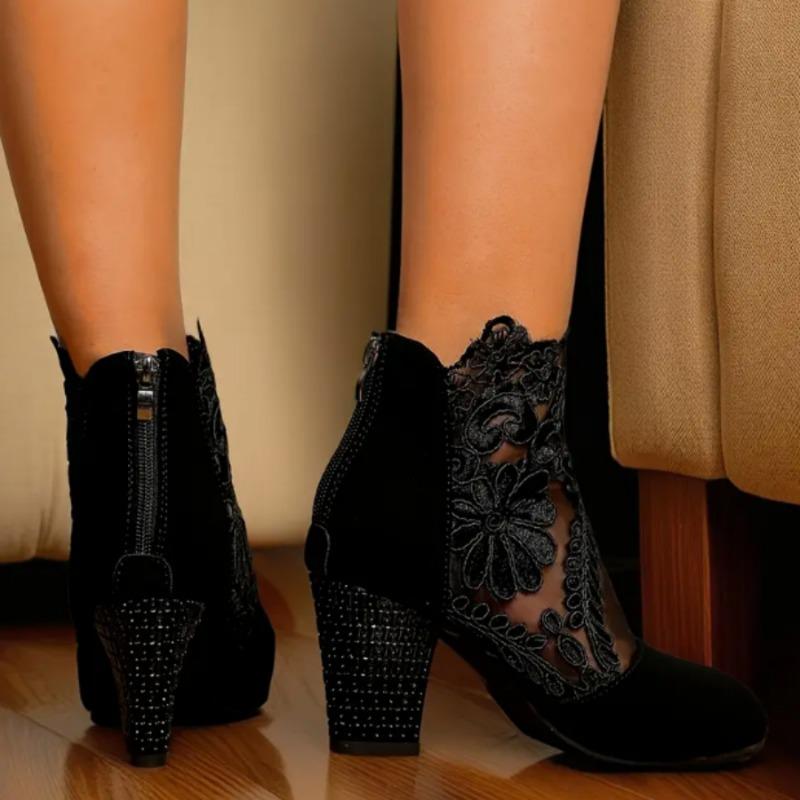 Women's Retro Lace Mesh High Heel Boots Fall New Plus Size Booties