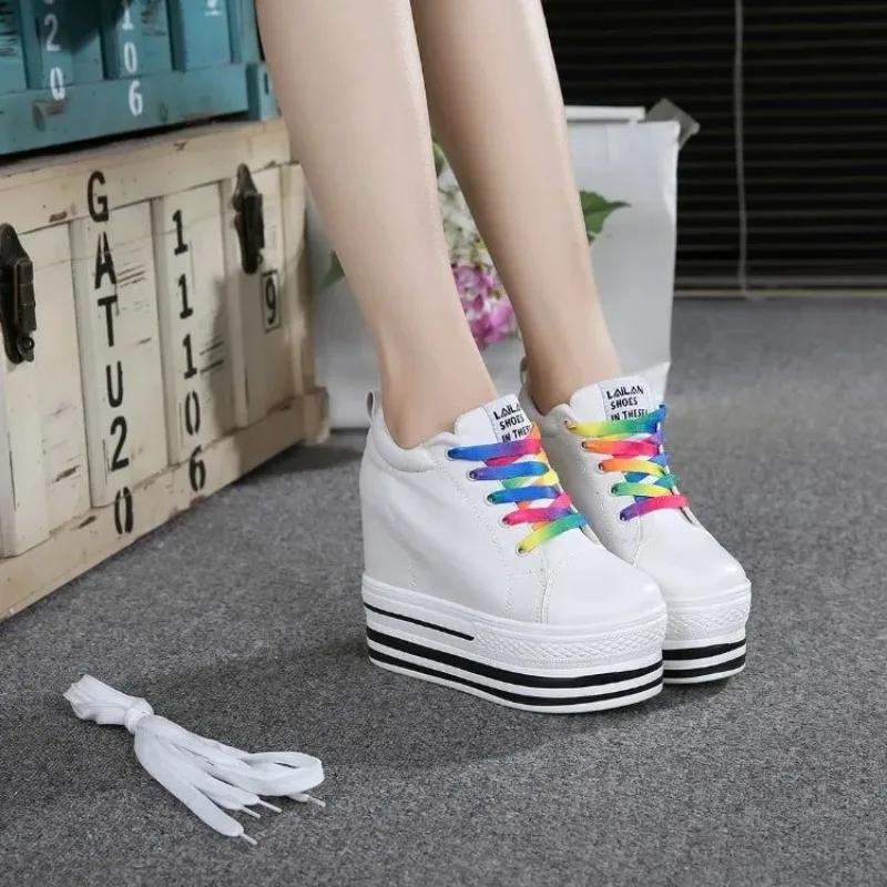 Fashion 2025 New 12CM Heels Wedge Canvas Shoes Woman High Platform Sneakers Vulcanized Shoes Hidden Heel Height Increasing Casual Shoes