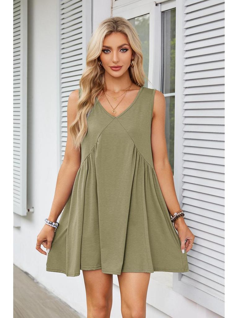 2025 European & American Women's V-Neck Sleeveless Pleated Pocket Dress - Spring/Summer Trend