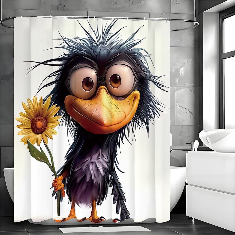 Cute Crow Yellow Flower Shower Curtain, Bathroom Decorative Shower Curtain, Waterproof Shower Curtain with Hooks
