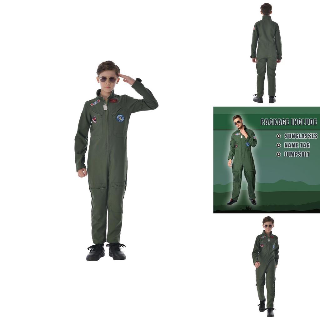 Top Gun pilots tērps Halloweena kostīms bērniem un pieaugušajiem Maverick Cosplay tērps ar saulesbrillēm un vārda zīmi