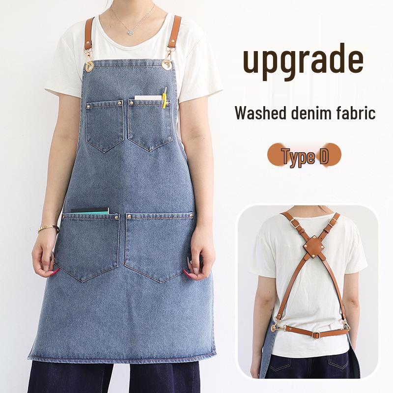 Washable Denim Apron: Durable Workwear for Coffee, Milk Tea, or Florist Shops with Custom Logo Option