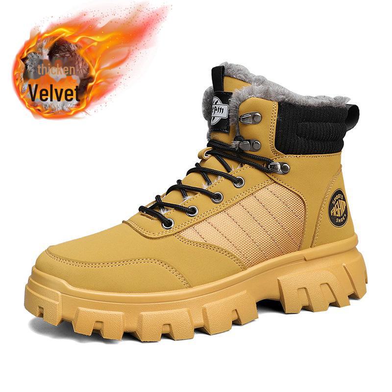 British Style Men's Winter High-Top Velvet Lace-Up Cotton Boots with Thick Soles