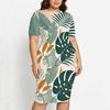 Women Plus Size Tropical Leaf Printed Round Neck Short Sleeve Asymmetric Top Fitted Skirt Two Piece Set