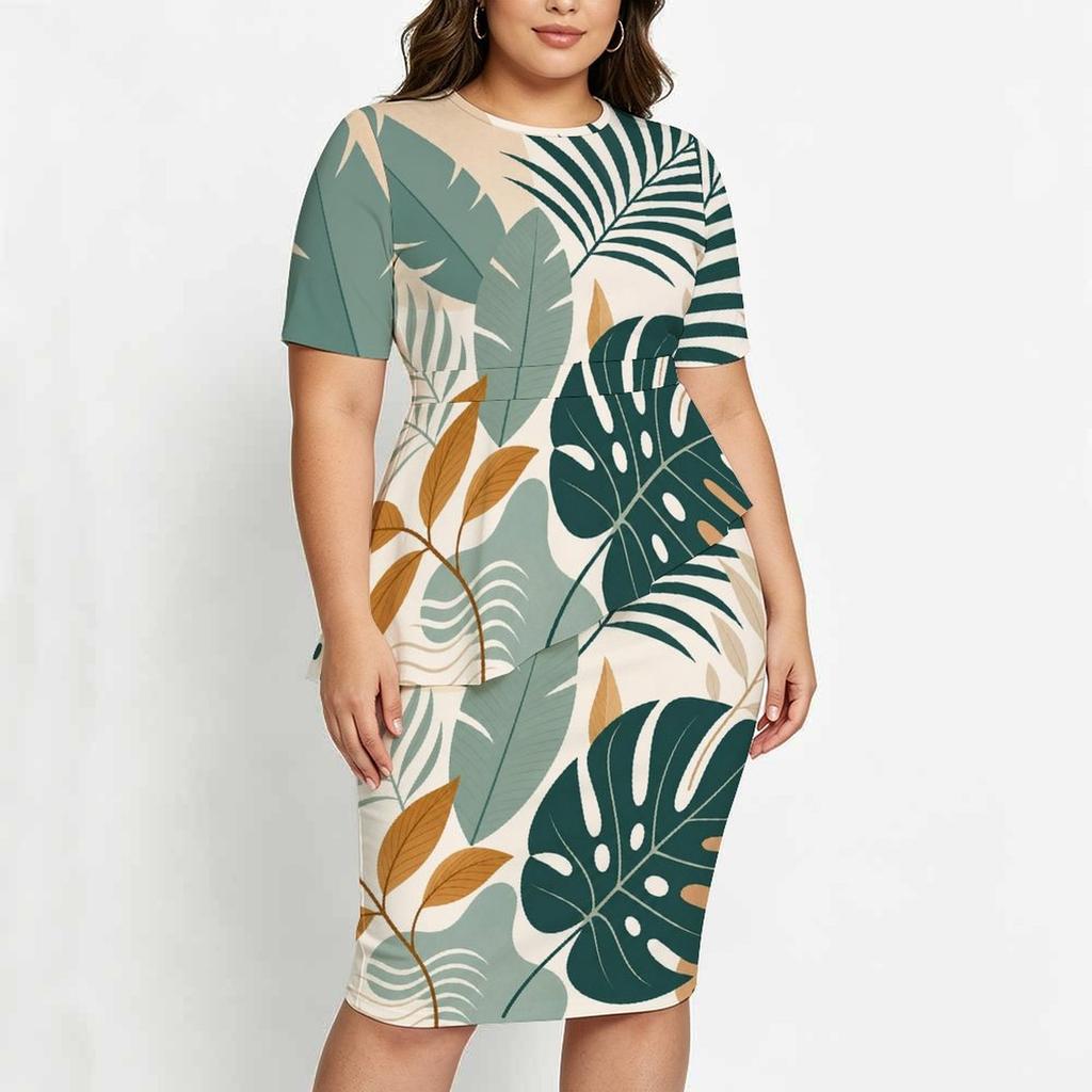 Women Plus Size Tropical Leaf Printed Round Neck Short Sleeve Asymmetric Top Fitted Skirt Two Piece Set