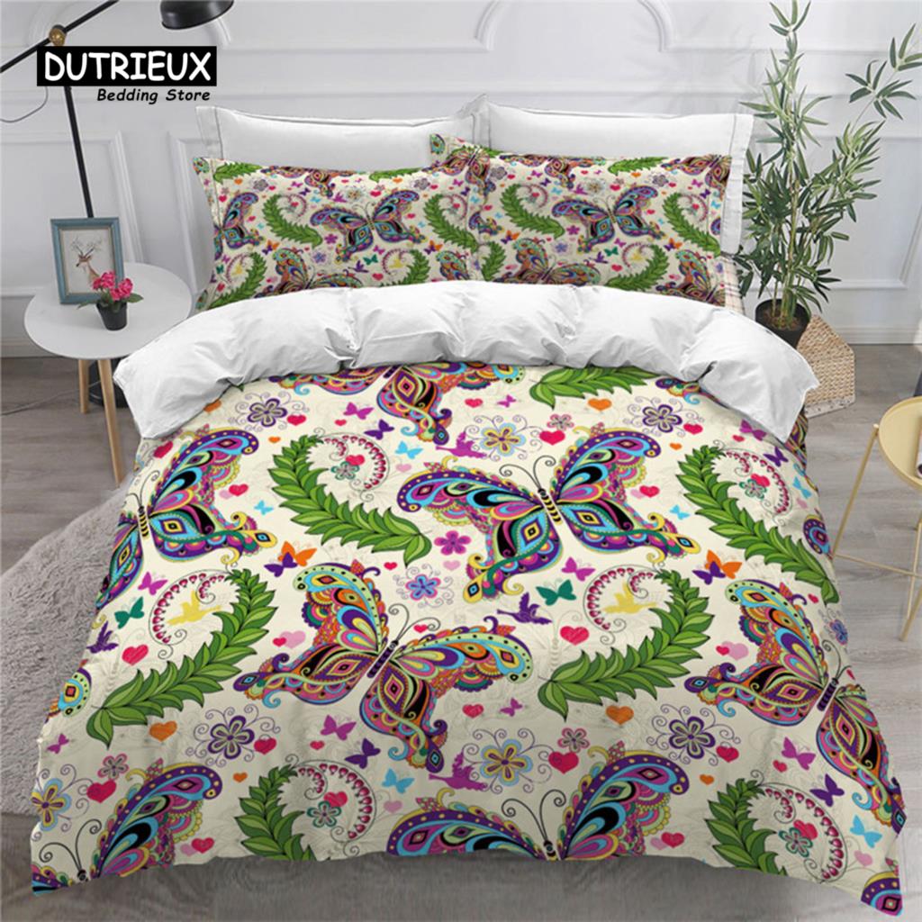 Colorful Butterfly And Floral Duvet Cover Set King Size Butterflies Theme Bedding Set For Kids Girls Comforter Cover Pillowcases