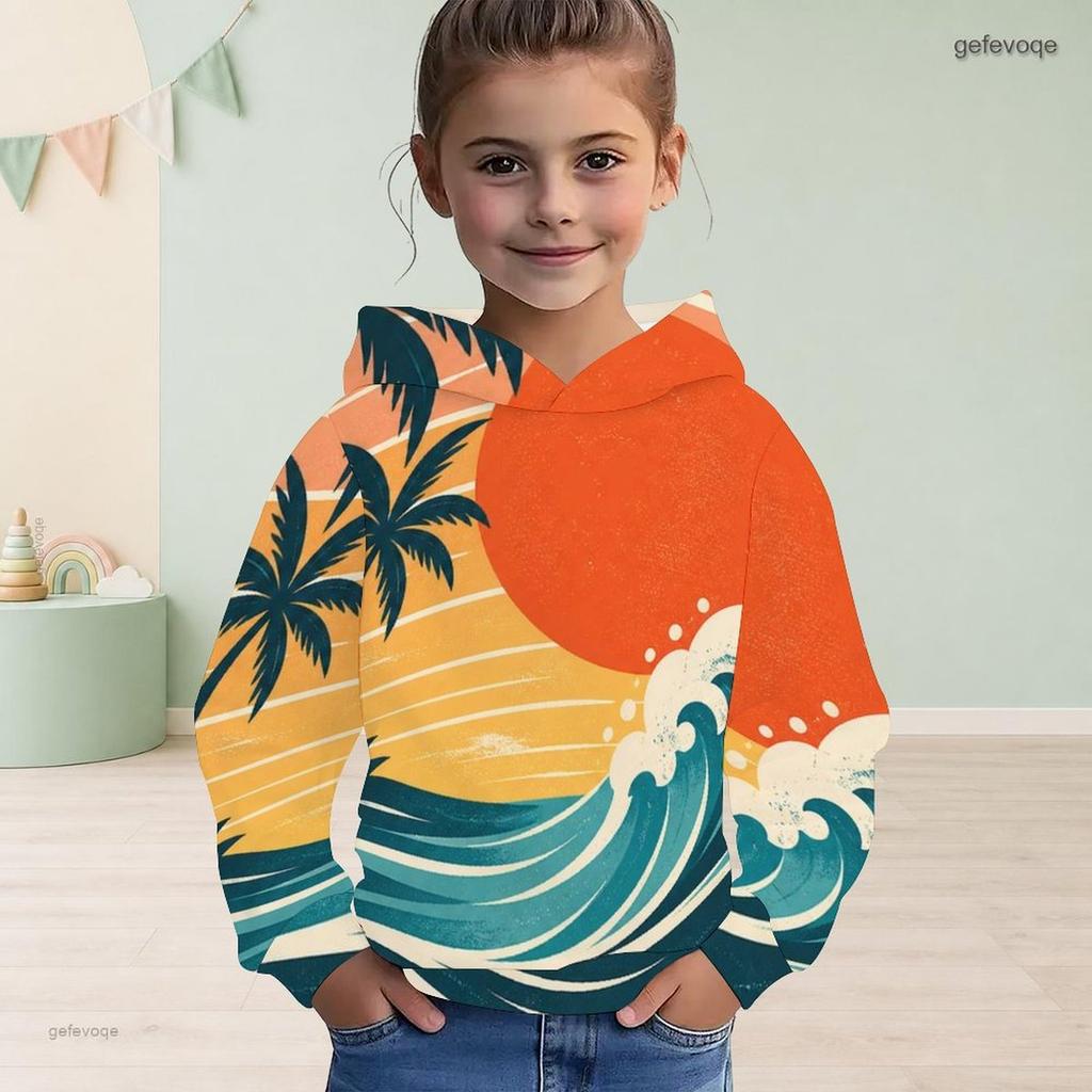 Girls Long Sleeve Hooded Pullover Cartoon Avocado Printed White Casual Sweatshirt