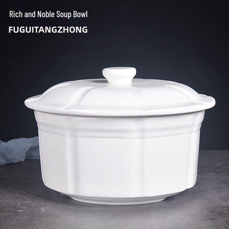 Pure White Ceramic Stew Pot with Lid - Large Double Boiler for Soups, Bird's Nest, Sugar Water, and Steamed Egg Dishes