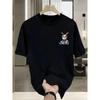 Men's Summer 100% Pure Cotton Fashionable Casual Loose Black Rabbit Cartoon Pattern Printed Round Neck Short Sleeved T-shirt Top